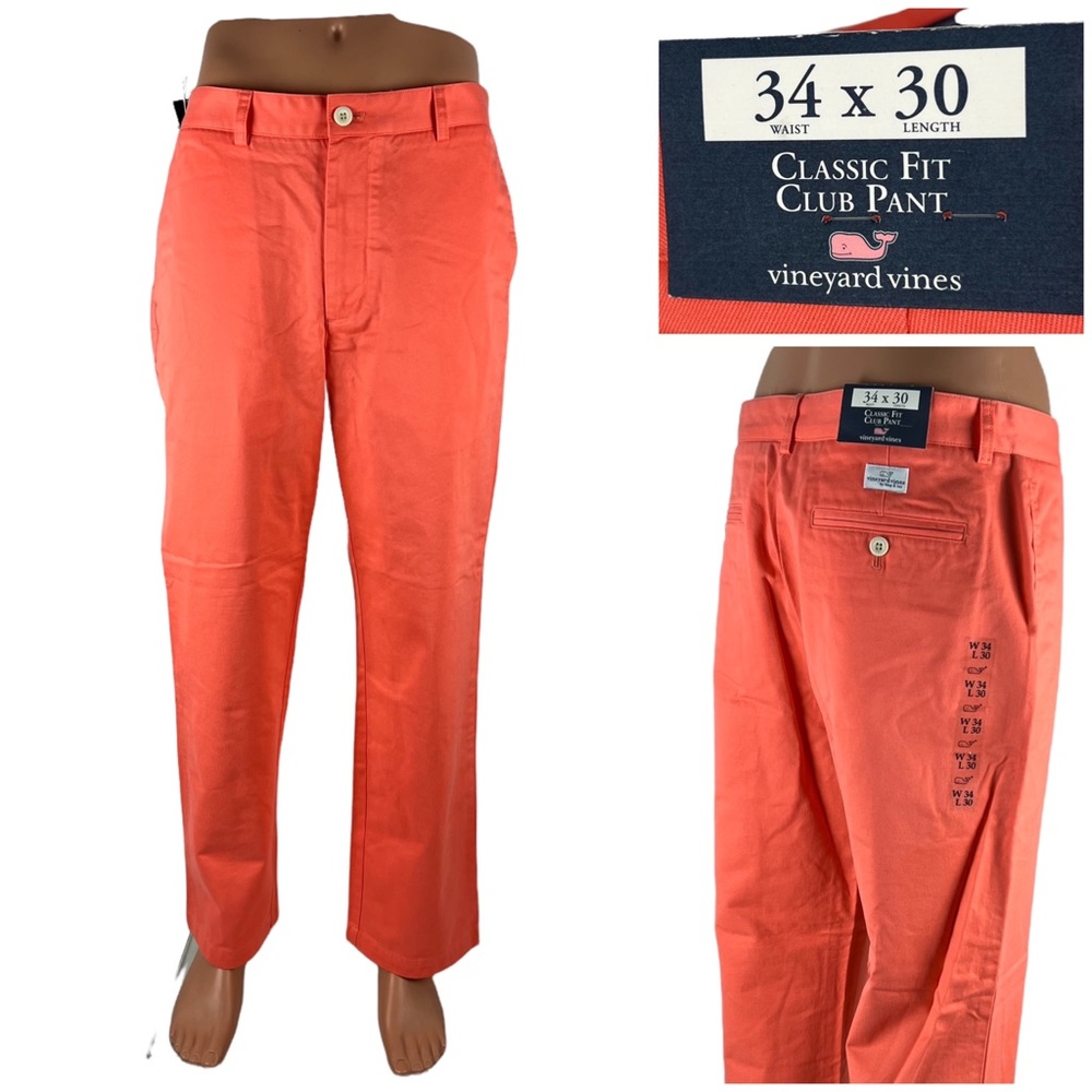 Vineyard Vines Mens 34 X 30 Classic Fit Flat Front Club Pants Orange Sunrise NWT